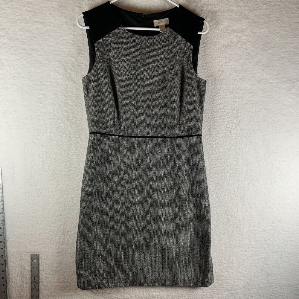 LOFT Tweed Dress Womens 6 Black White Chevron Sleeveless Zip‎ Back Lined 7949